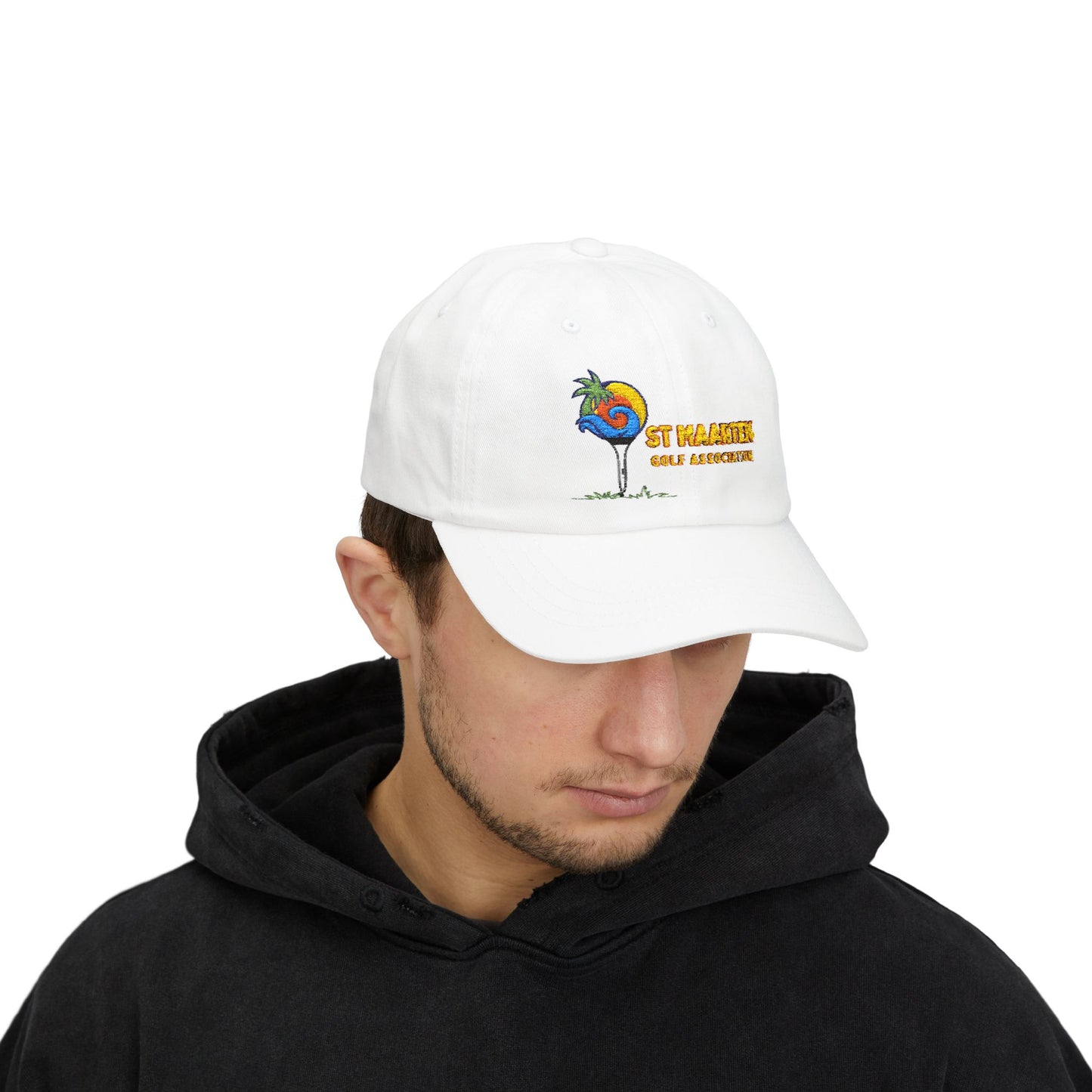 Person wearing a white cap with a colorful logo on a white background