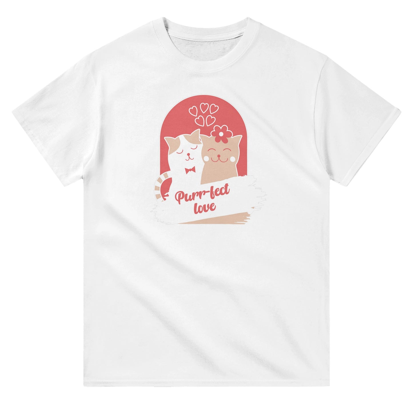 White unisex crewneck T-shirt with two cartoon cats cuddled together, heart accents, and text “Purr-fect Love” – cute cat lover shirt.