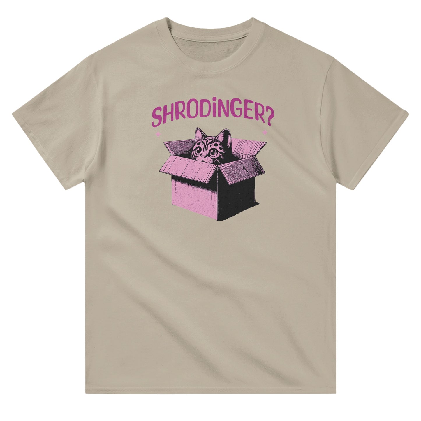 Beige unisex crewneck T-shirt with pink graphic of a cat in a box and text “Schrödinger?” – funny science and cat lover shirt.