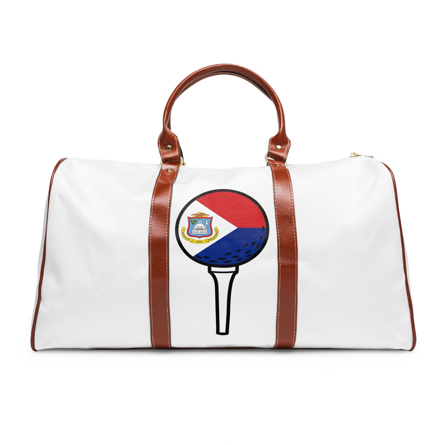 White duffel bag with brown handles and a graphic of a golf ball on a tee, featuring red, white, and blue colors.