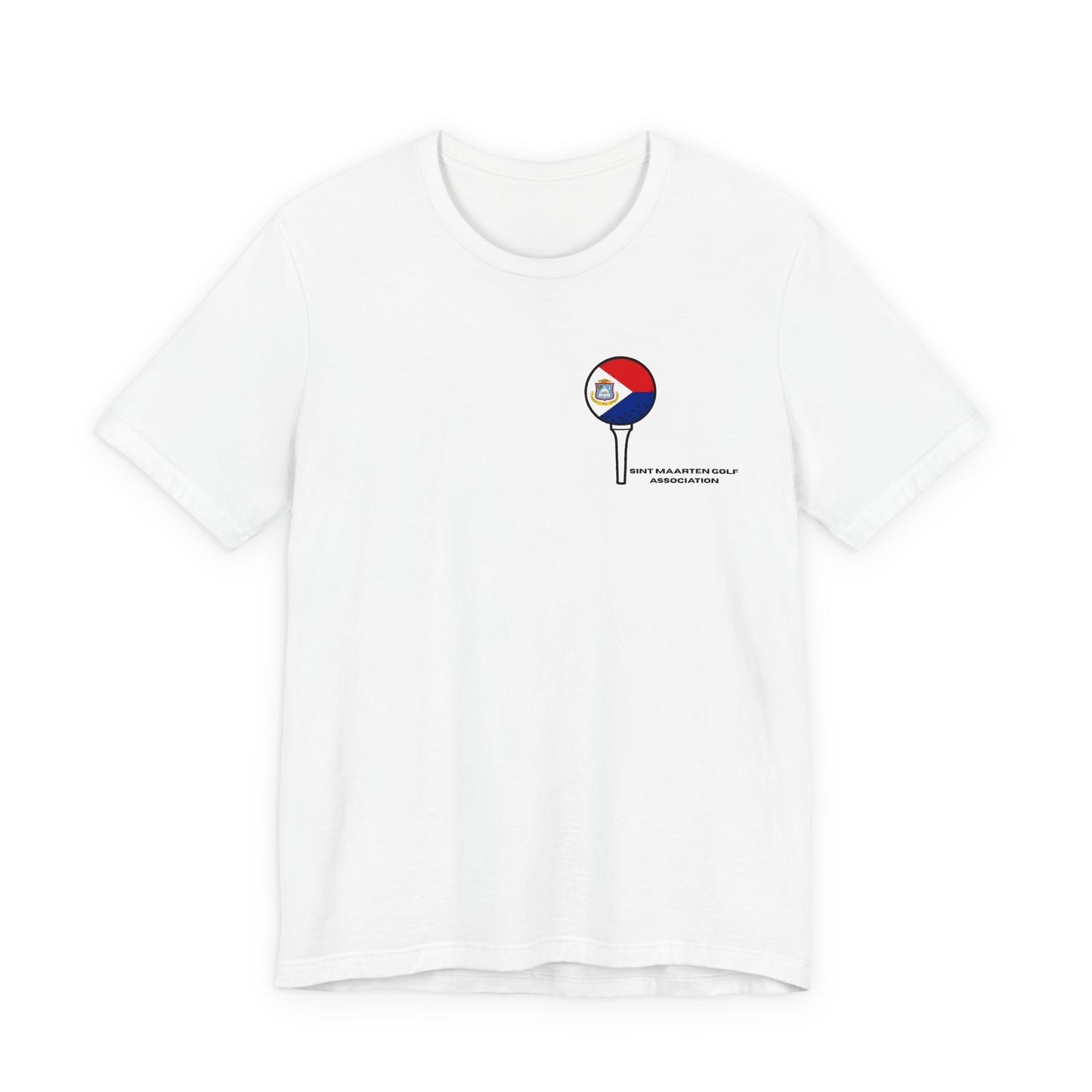 White t-shirt with a small graphic on the chest against a white background