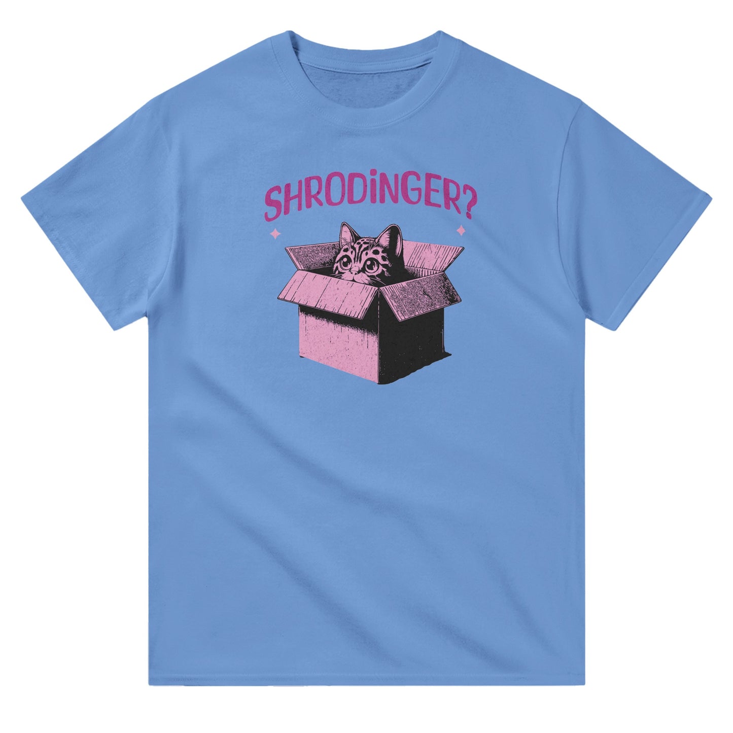 Blue unisex crewneck T-shirt with pink graphic of a cat in a box and text “Schrödinger?” – funny science and cat lover shirt.
