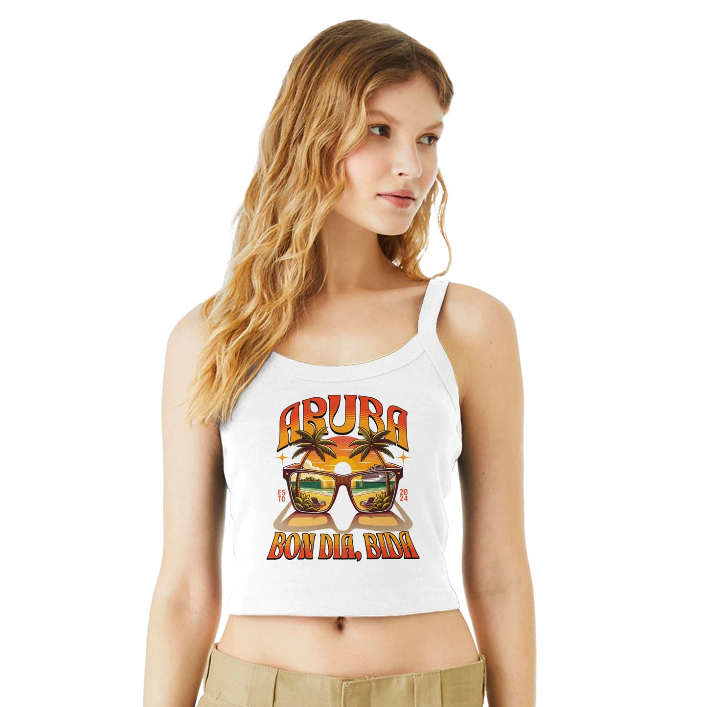 White crop top tank with colorful sunglasses graphic and text “Aruba – Bon Dia, Biba” – Caribbean souvenir apparel.