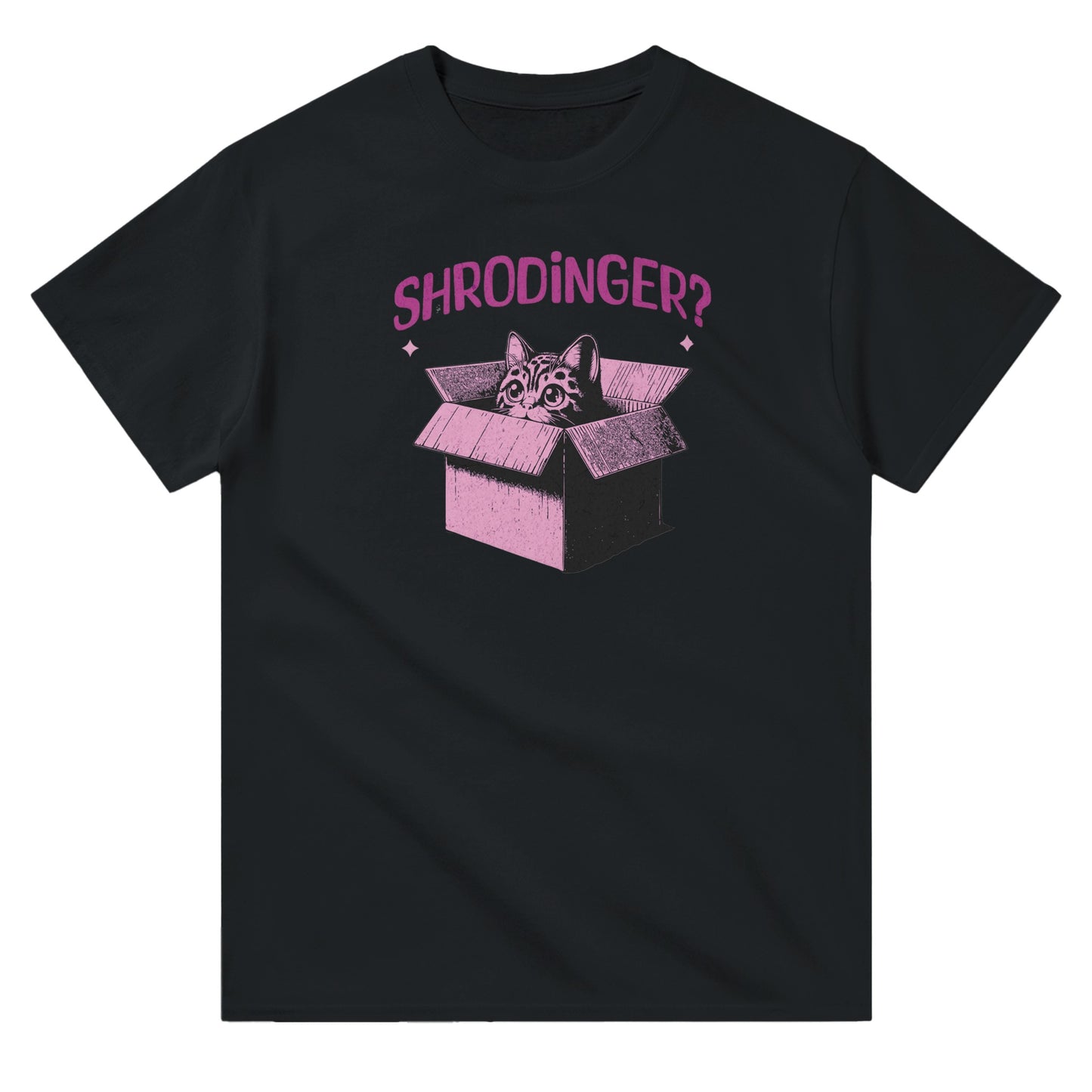 Black unisex crewneck T-shirt with pink graphic of a cat in a box and text “Schrödinger?” – funny science and cat lover shirt.