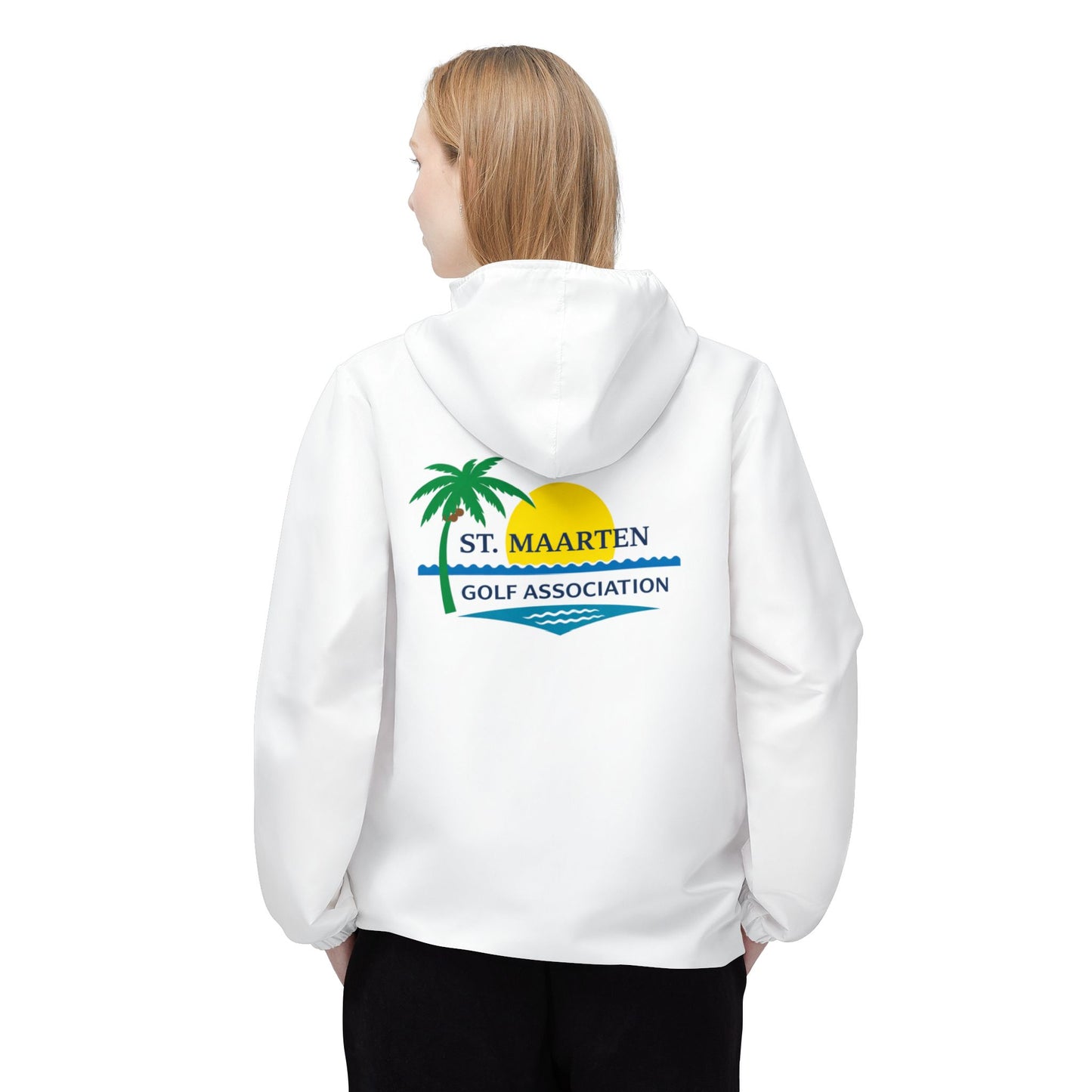 Person wearing a white hoodie with St. Maarten Golf Association logo on the back