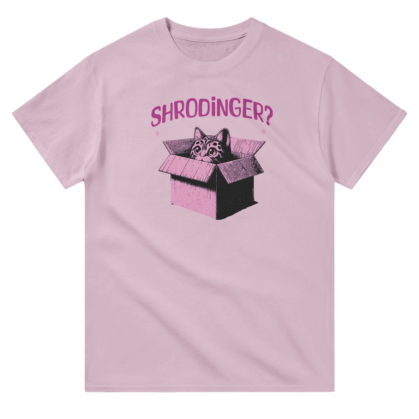 Light pink unisex crewneck T-shirt with pink graphic of a cat in a box and text “Schrödinger?” – funny science and cat lover shirt.