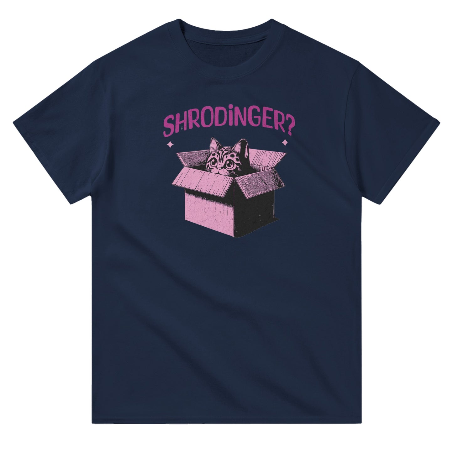 Navy unisex crewneck T-shirt with pink graphic of a cat in a box and text “Schrödinger?” – funny science and cat lover shirt.