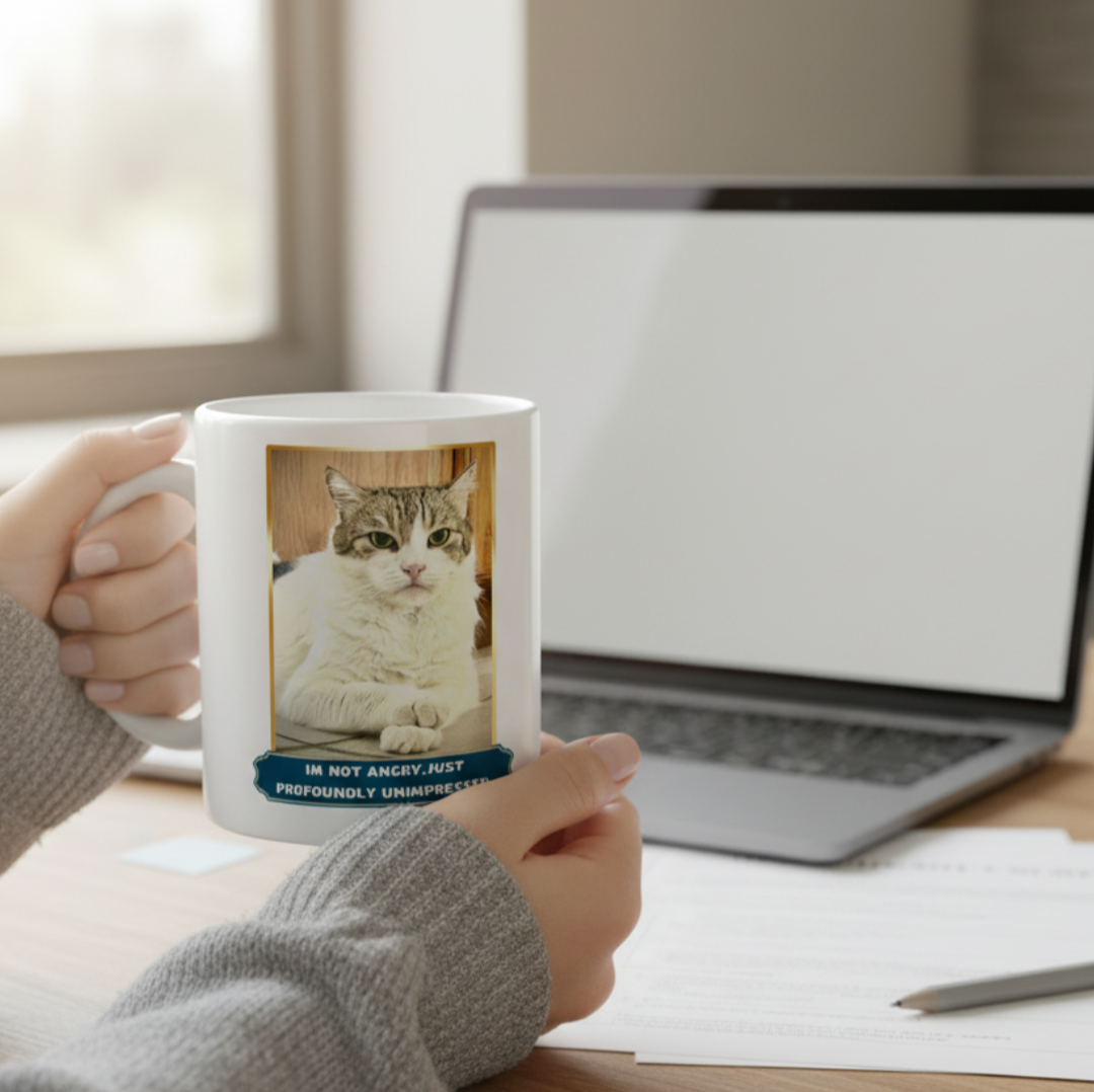 Person holding a mug with a cat design and text, sitting at a desk with a laptop.