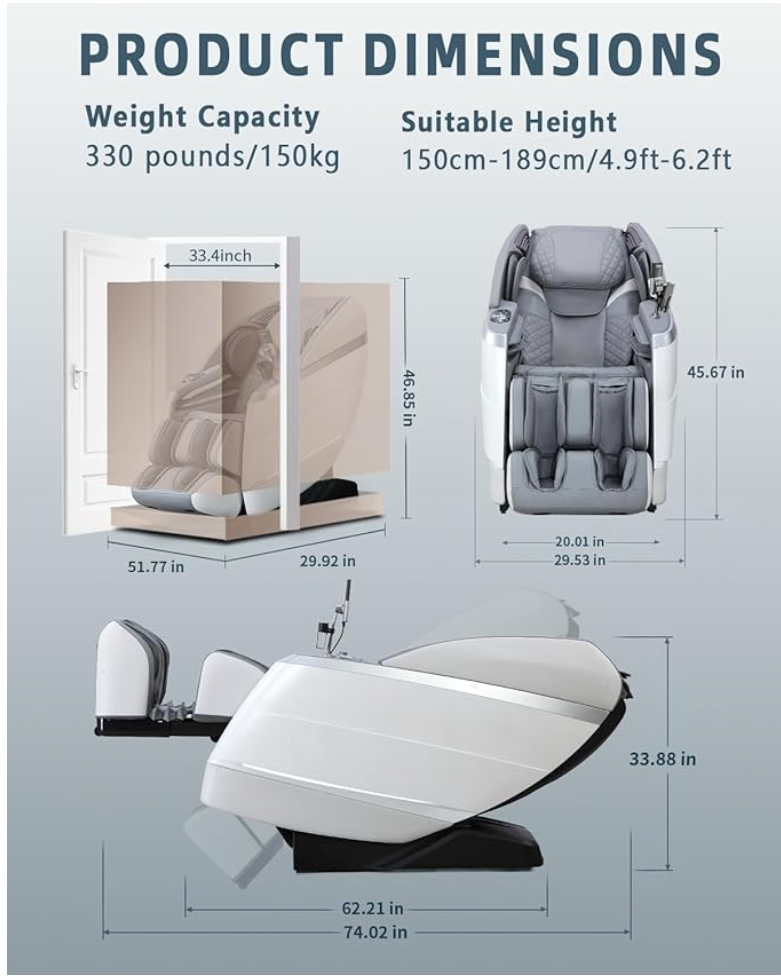 Product dimensions of a massage chair with weight capacity, suitable height, and dimensions displayed.