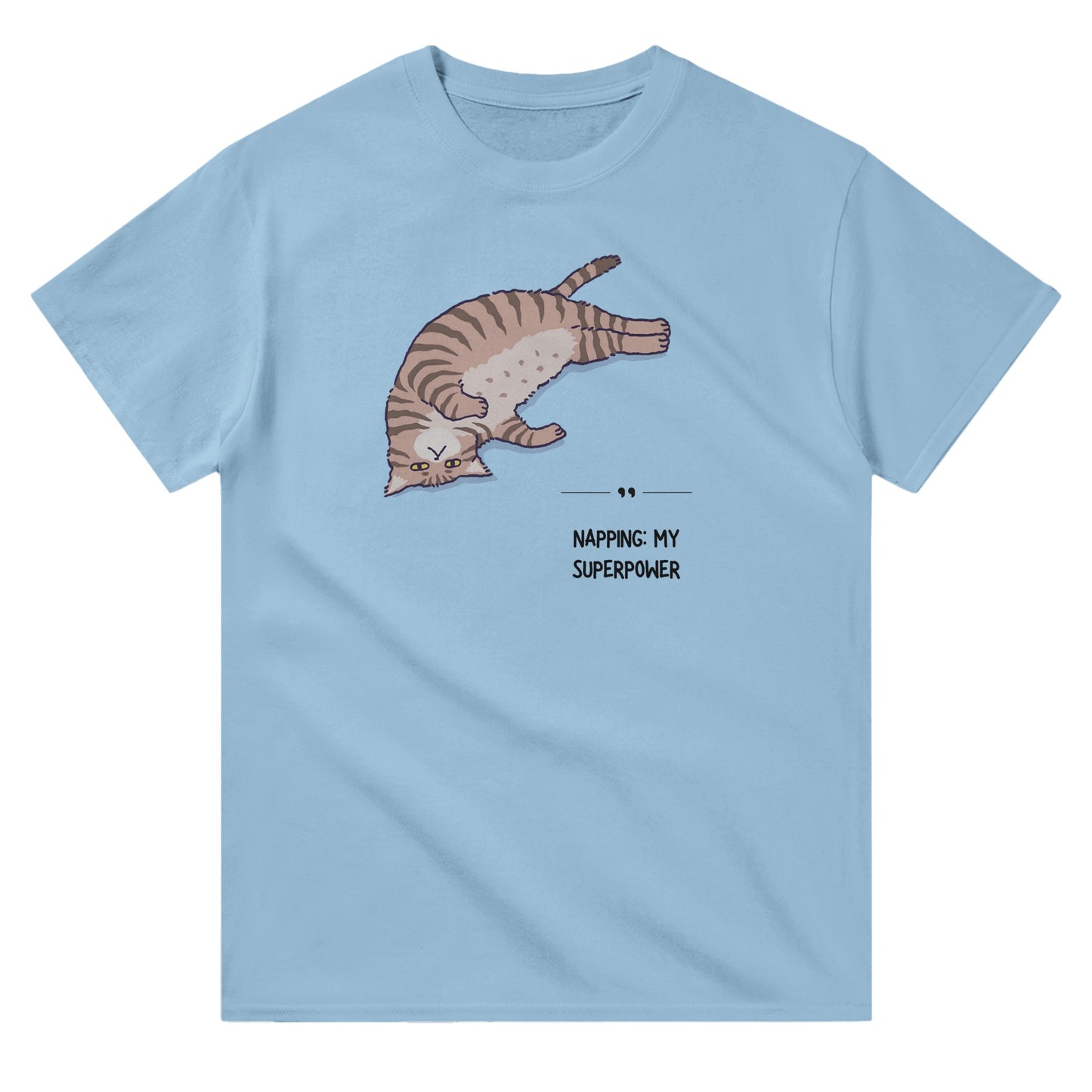 Light blue unisex crewneck T-shirt with graphic of a sleeping cat and text “Napping: My Superpower” – funny cat lover shirt.
