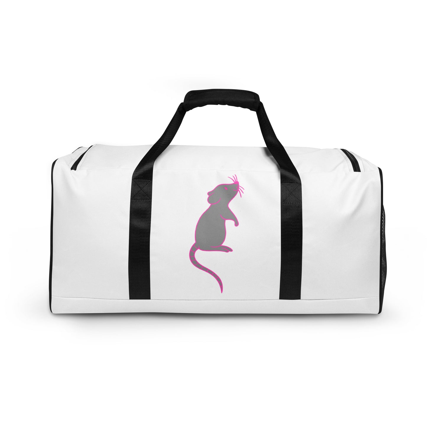 Pink and grey rat on a white duffel bag