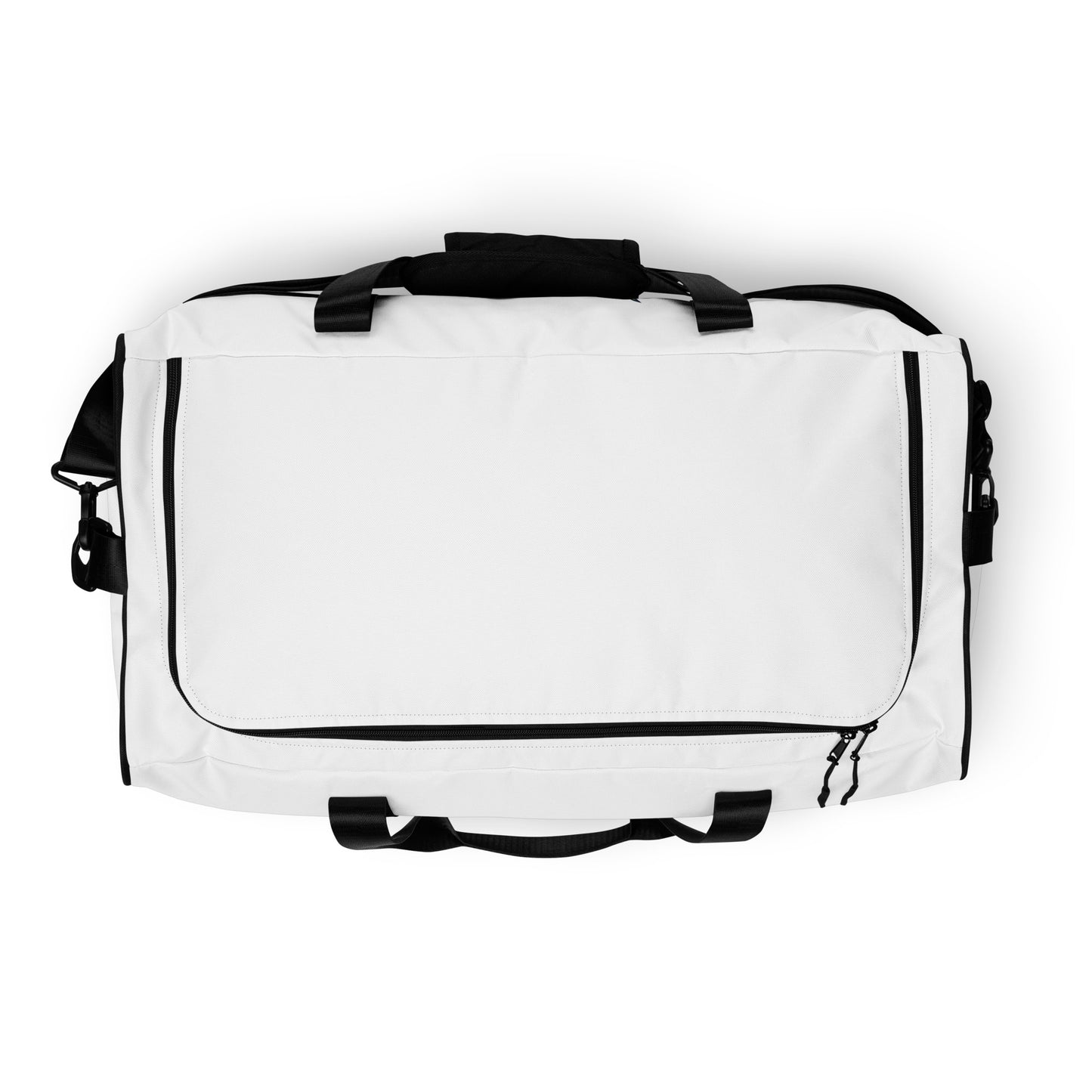 Top of white duffel bag