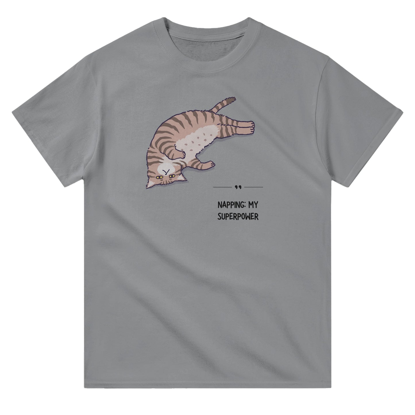 Dark grey unisex crewneck T-shirt with graphic of a sleeping cat and text “Napping: My Superpower” – funny cat lover shirt.