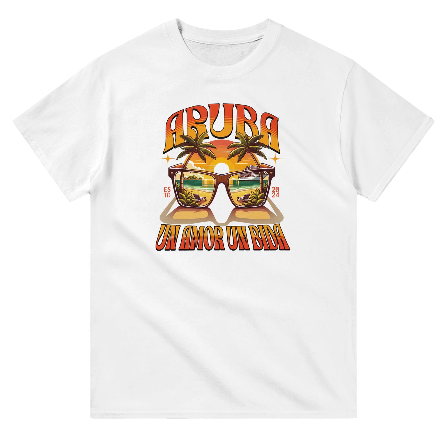 White unisex crewneck T-shirt with “Aruba – Un Amor, Un Bida” graphic, palm trees, and sunset island design.