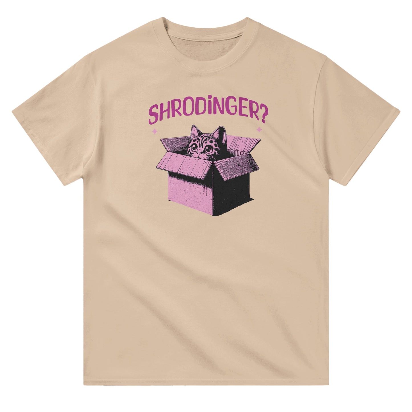 Light yellow unisex crewneck T-shirt with pink graphic of a cat in a box and text “Schrödinger?” – funny science and cat lover shirt.