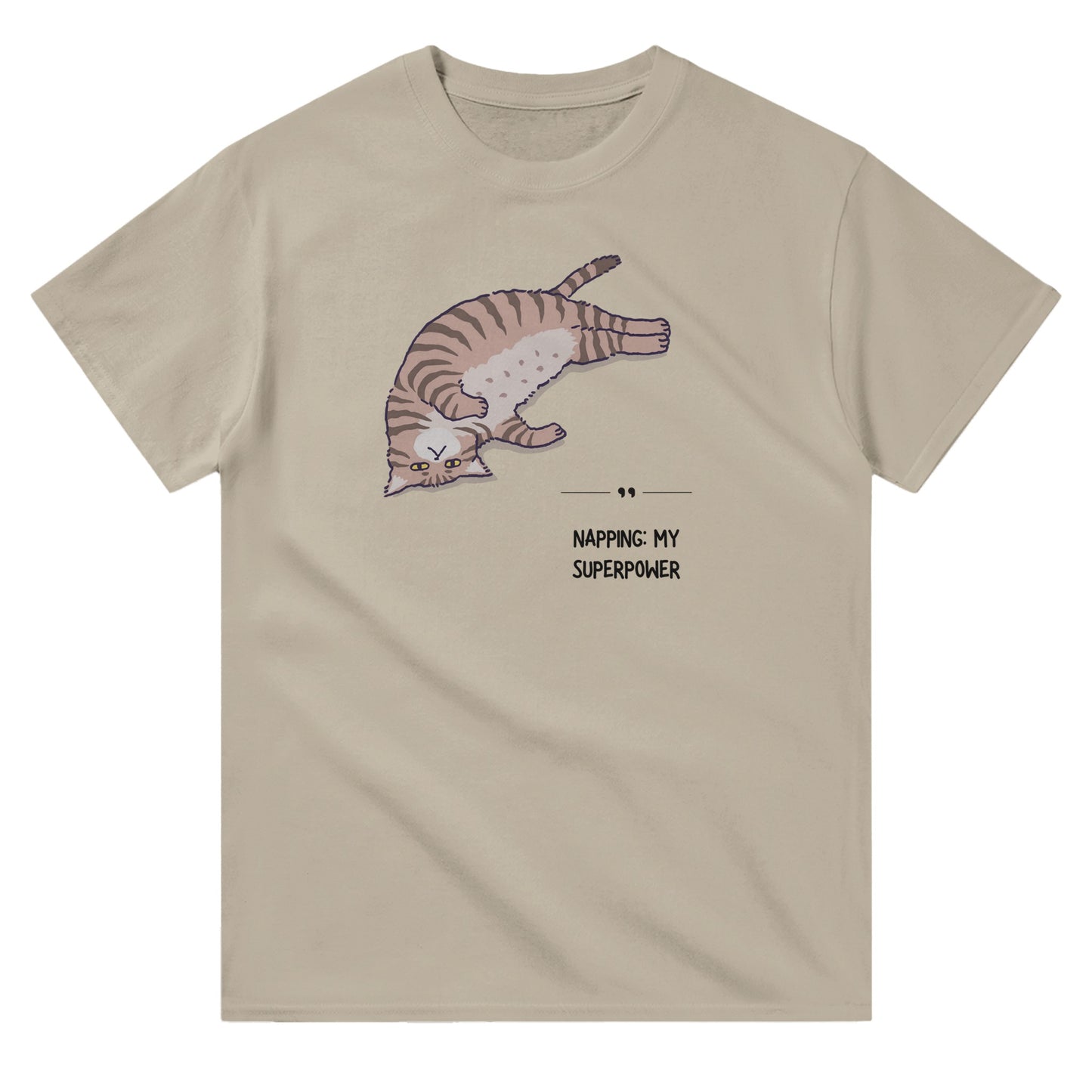 Sand unisex crewneck T-shirt with graphic of a sleeping cat and text “Napping: My Superpower” – funny cat lover shirt.
