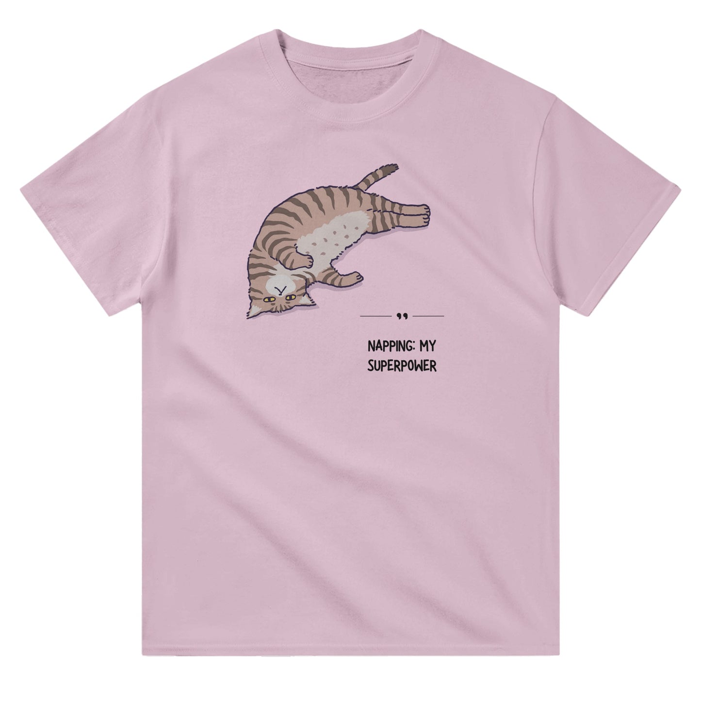 Pink unisex crewneck T-shirt with graphic of a sleeping cat and text “Napping: My Superpower” – funny cat lover shirt.