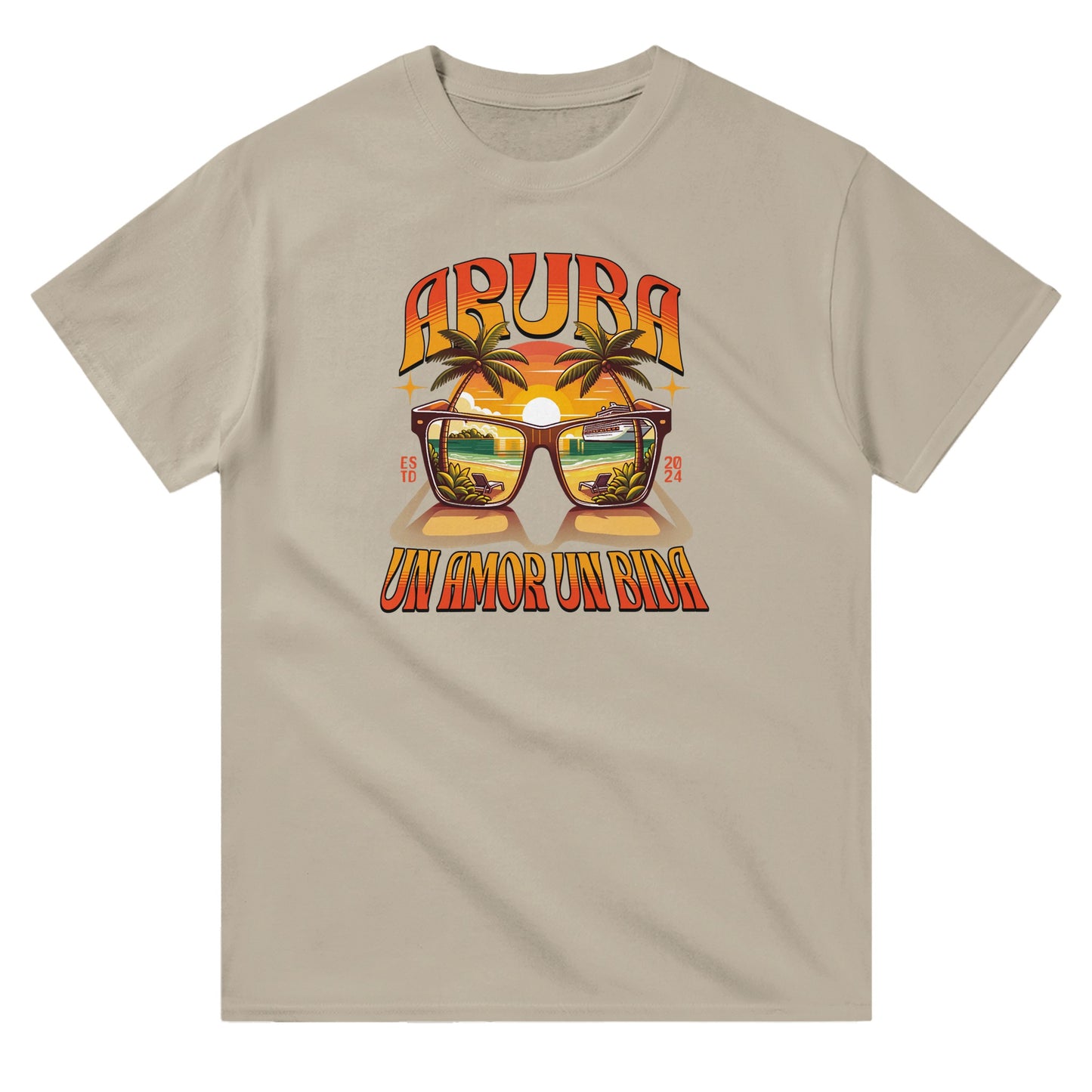 Beige unisex crewneck T-shirt with “Aruba – Un Amor, Un Bida” graphic, palm trees, and sunset island design.