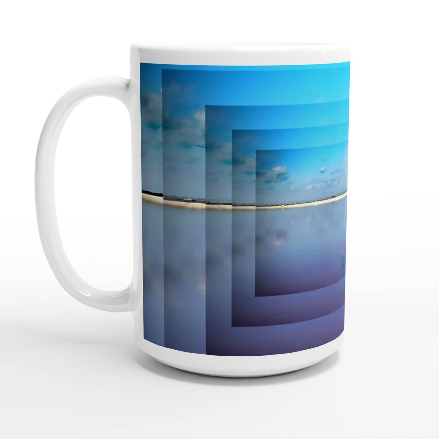 a white coffee mug with an image of clouds