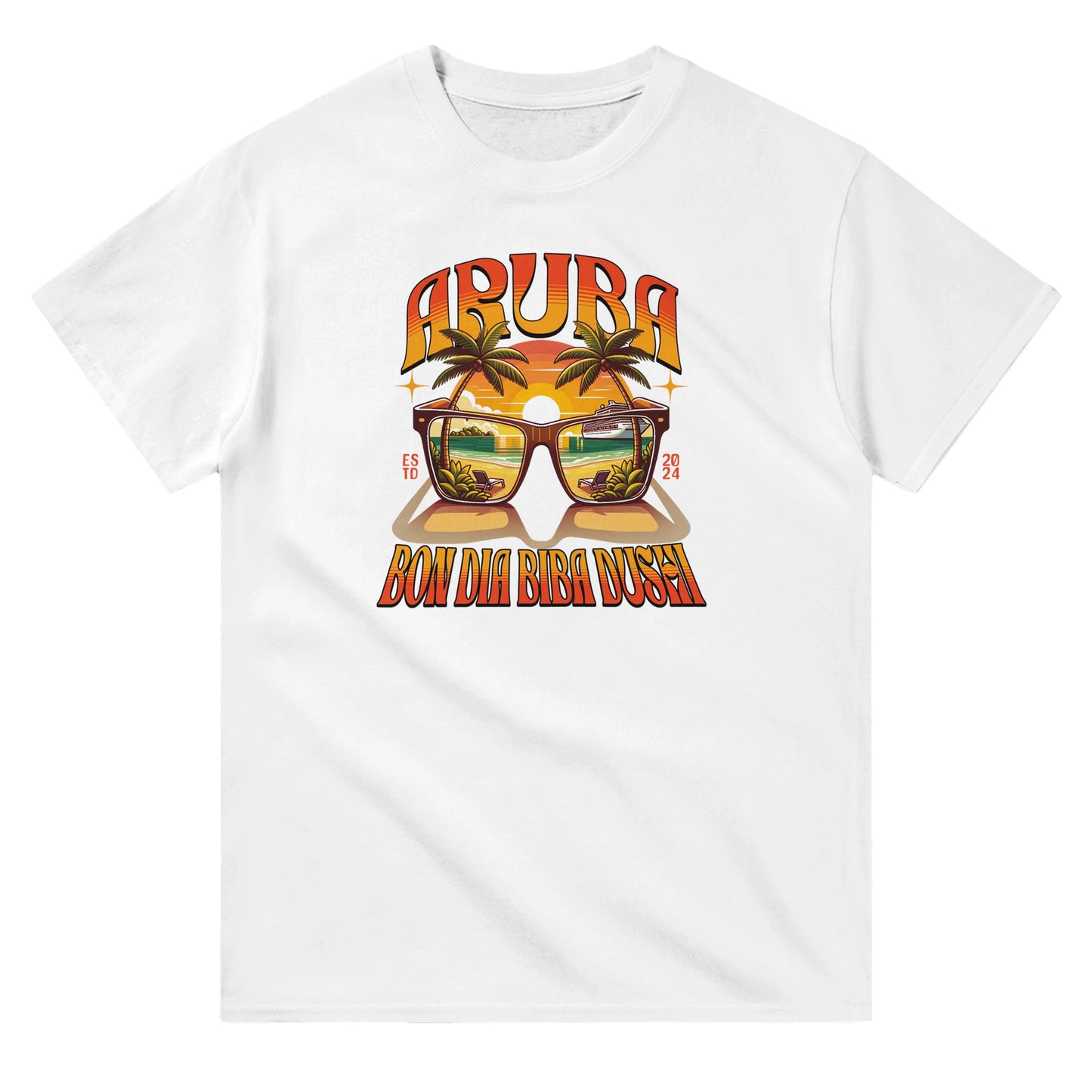White unisex crewneck T-shirt with colorful sunglasses graphic and text “Aruba – Bon Dia Biba Dushi” – Caribbean souvenir shirt.
