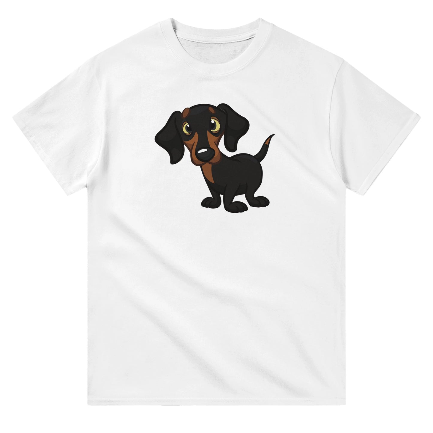 White unisex crewneck T-shirt with cartoon dachshund graphic and text “Hi My Name Is Luca” – funny dog lover shirt.