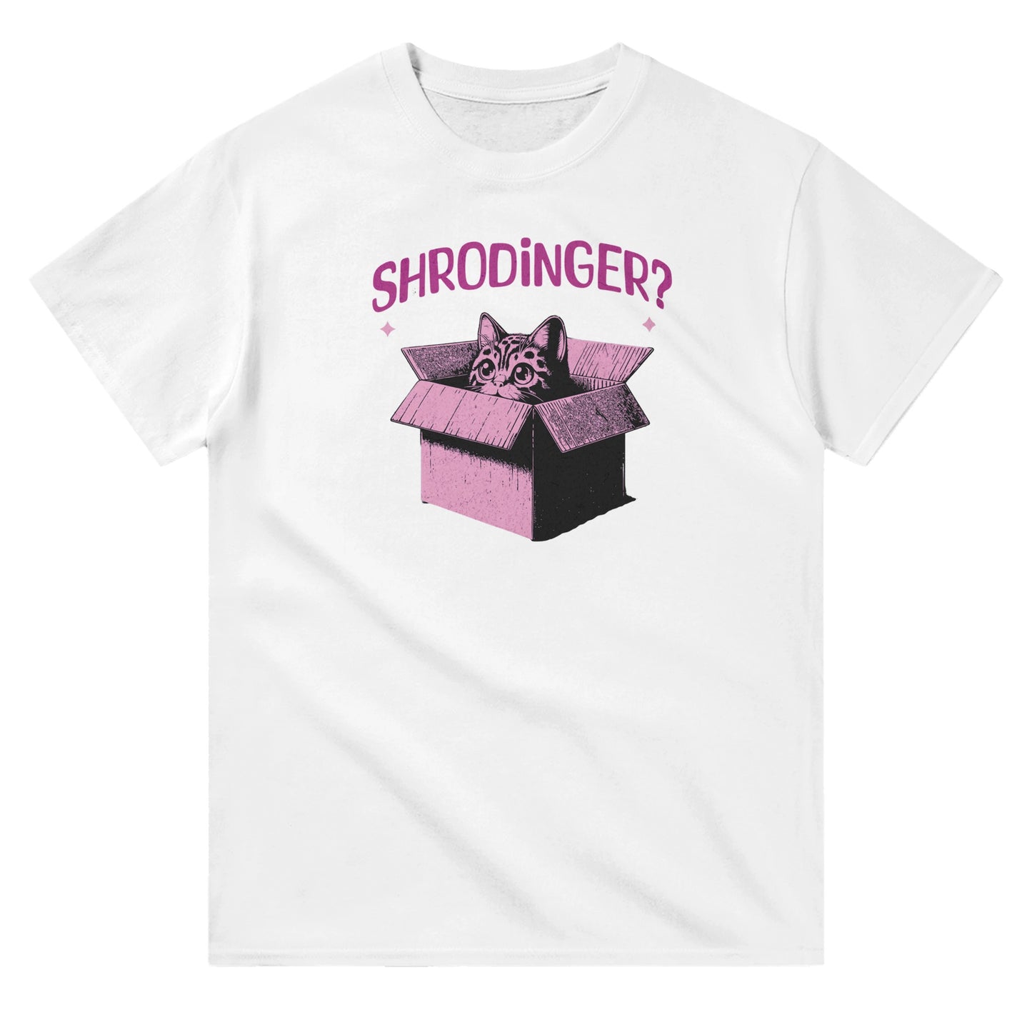 White unisex crewneck T-shirt with pink graphic of a cat in a box and text “Schrödinger?” – funny science and cat lover shirt.