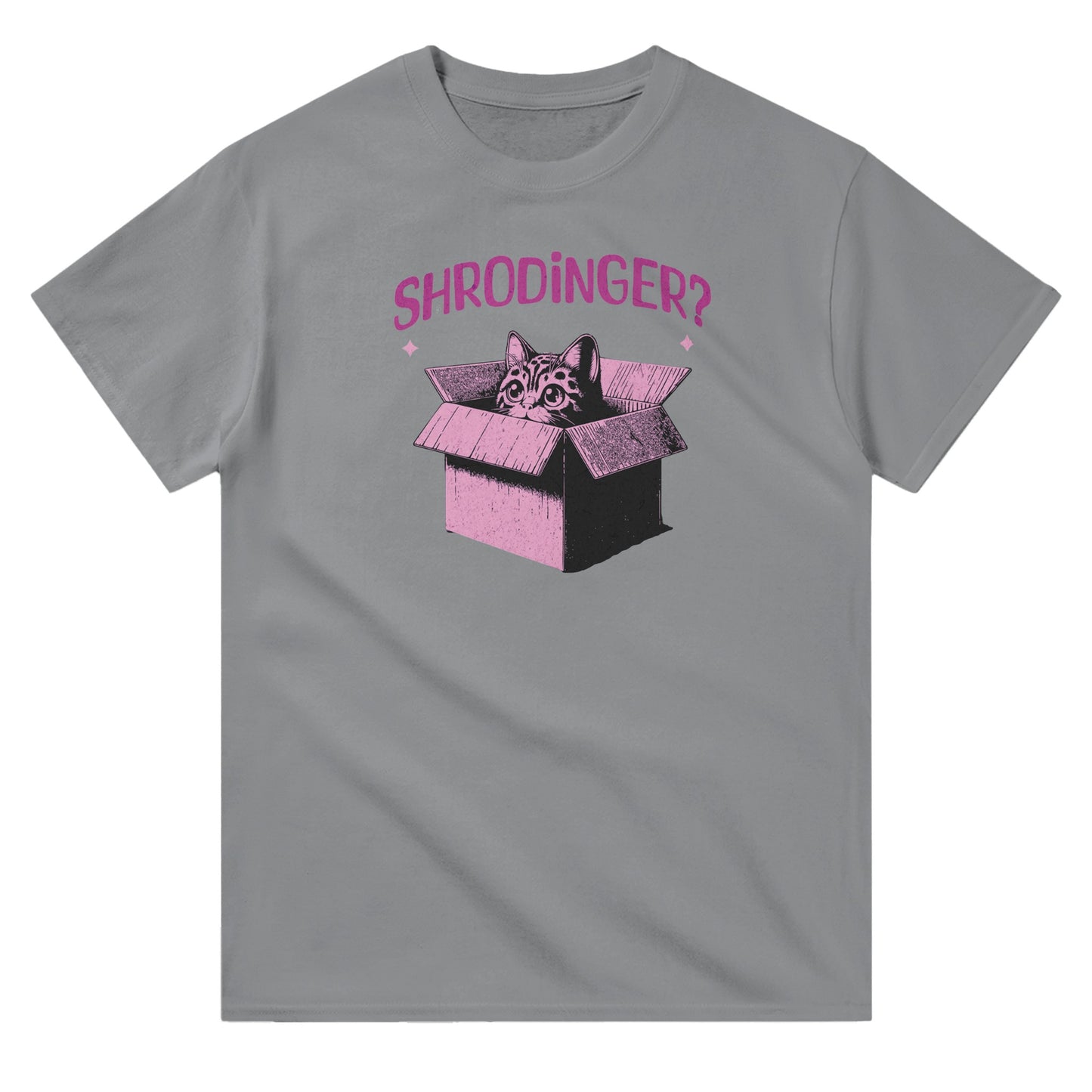 Ash unisex crewneck T-shirt with pink graphic of a cat in a box and text “Schrödinger?” – funny science and cat lover shirt.
