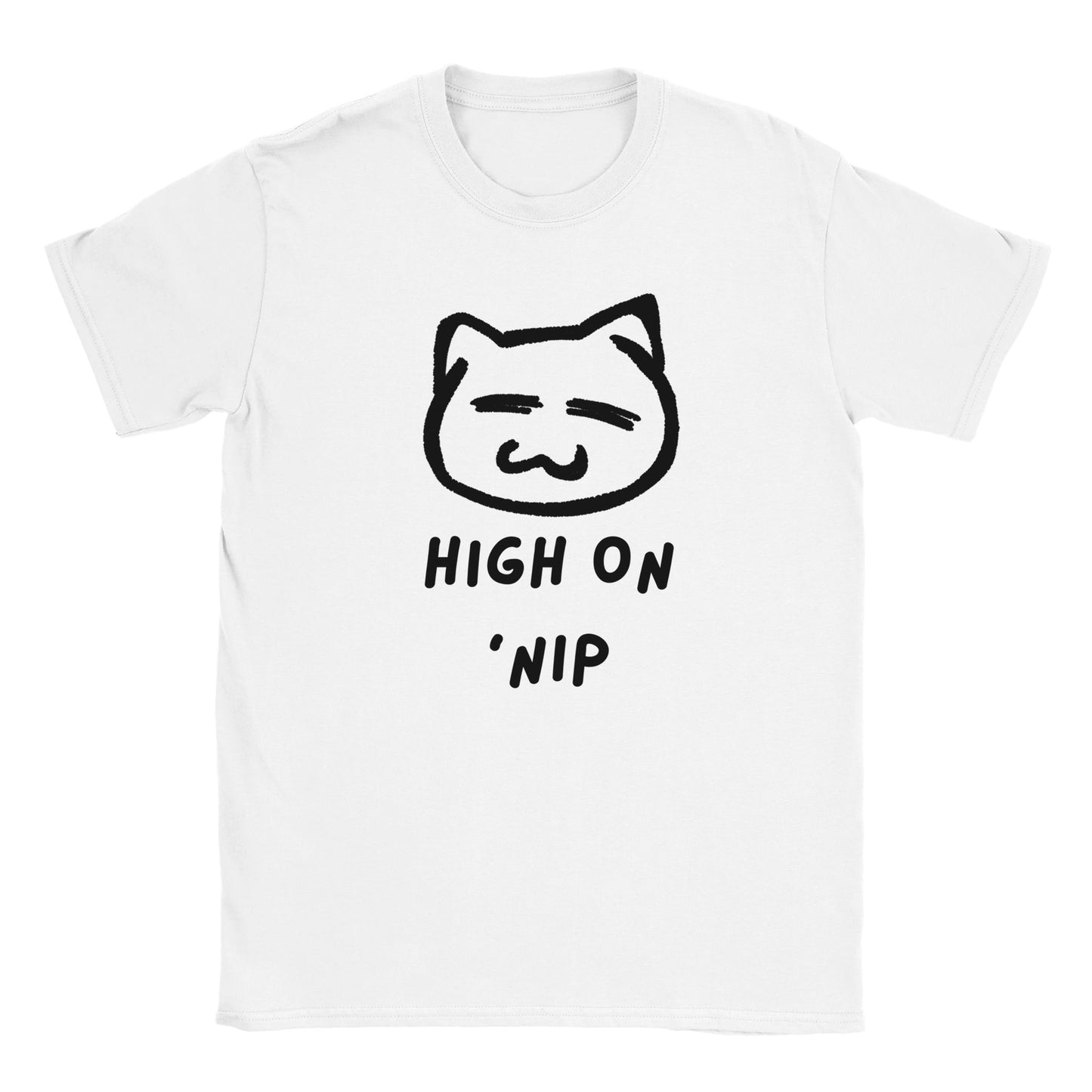 White T-shirt with cartoon cat face and the phrase “High on ’Nip” – funny graphic tee for cat lovers.