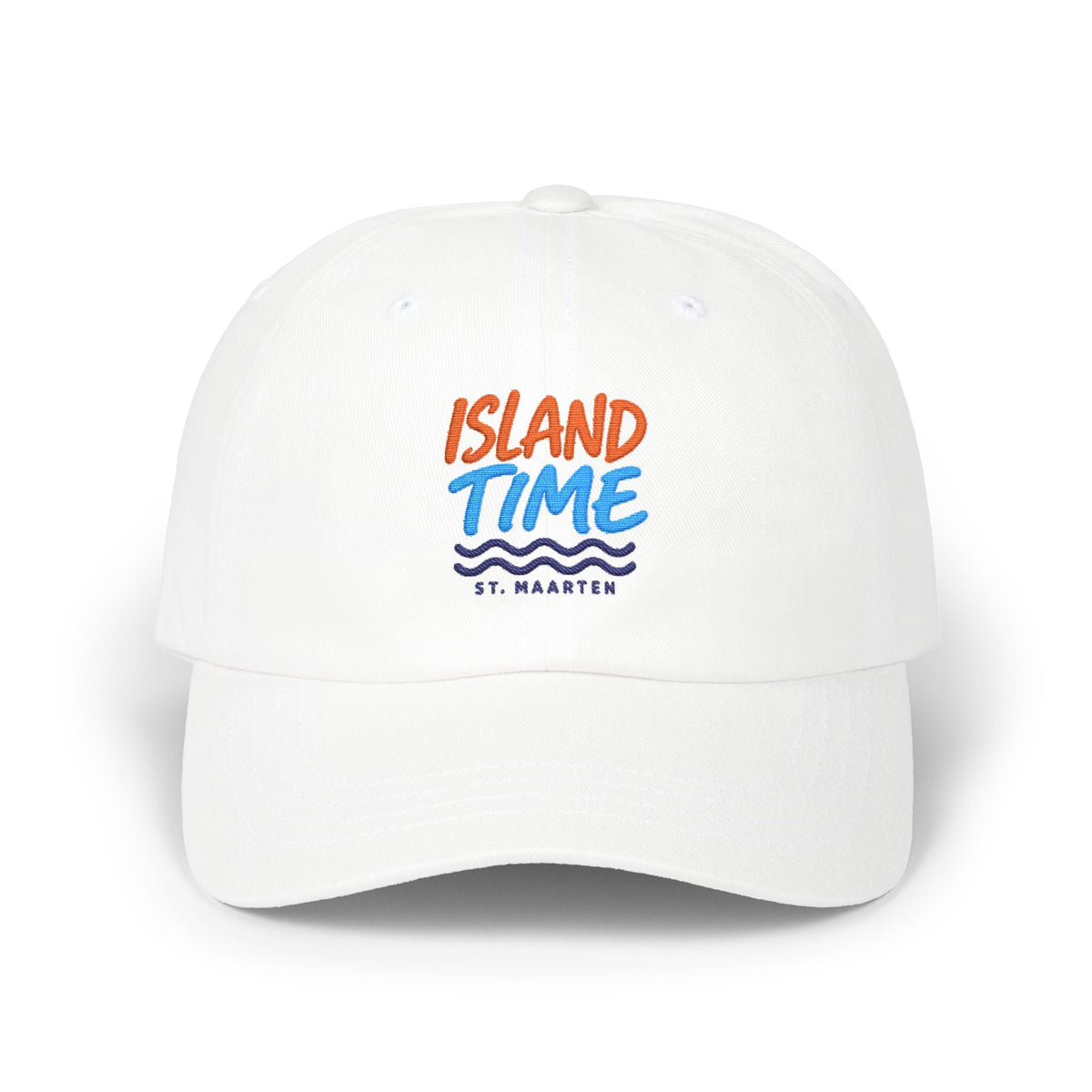White low-profile dad cap with the Island Time St. Maarten logo on the front panel.