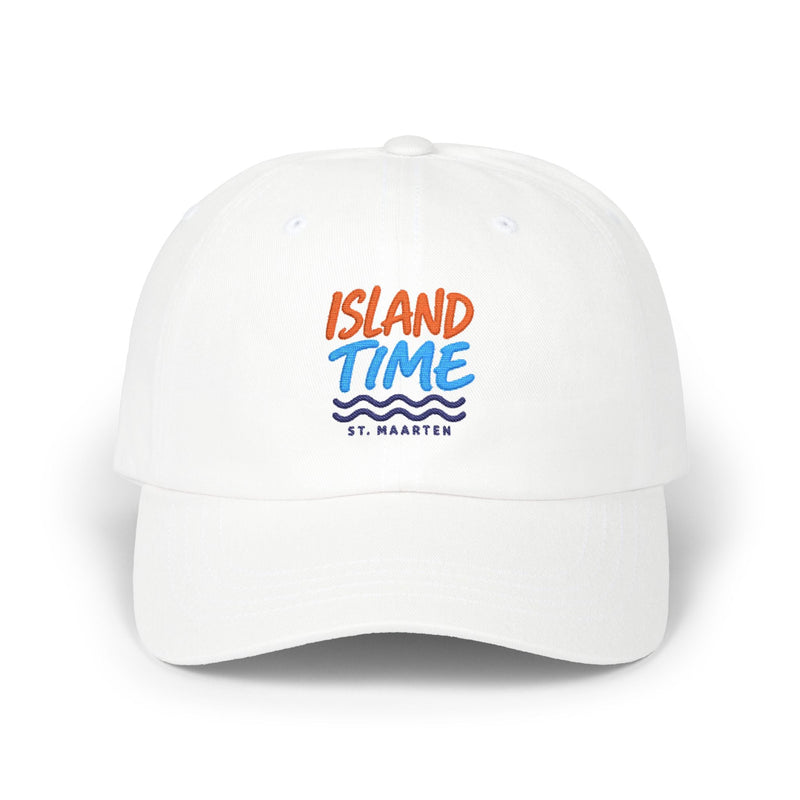 White low-profile dad cap with the Island Time St. Maarten logo on the front panel.