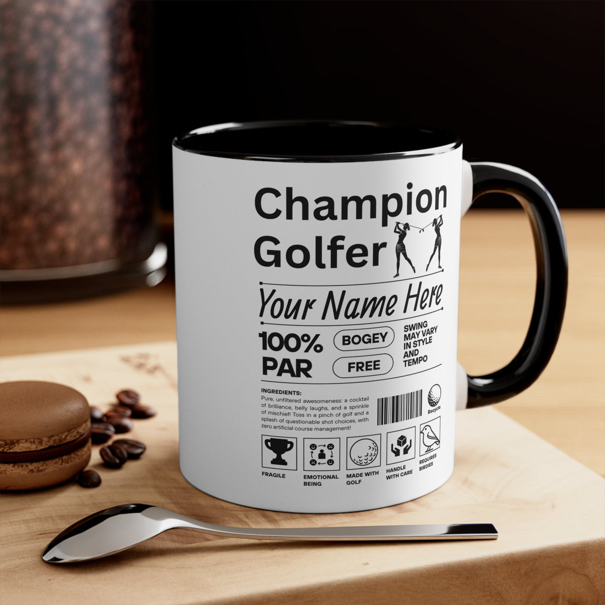 Home goods including a golf mug with black handle