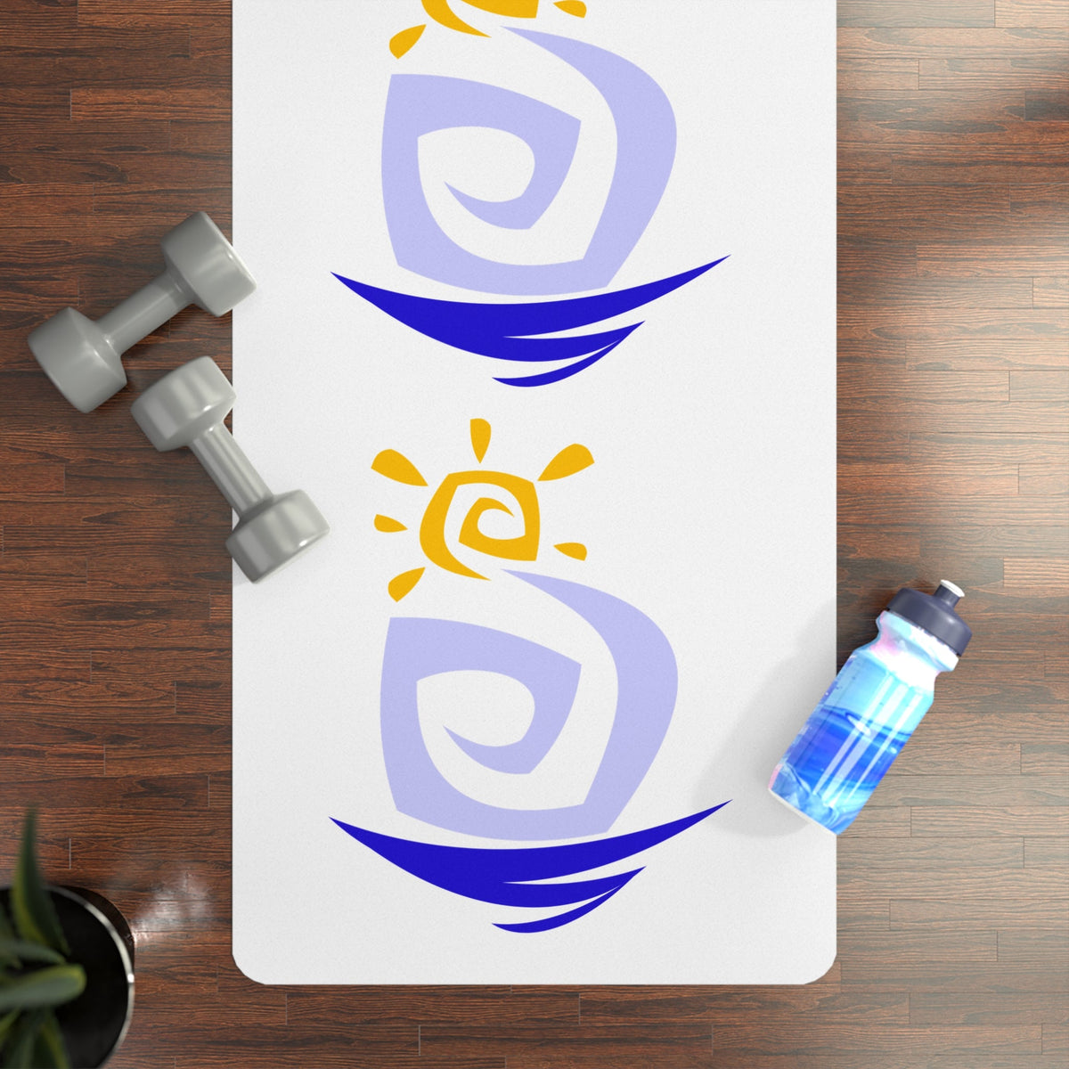 Active gear including a yoga mat, water, and weights