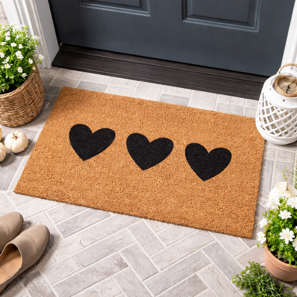 Outdoor home goods welcome mat featuring three black heart designs on a textured coir surface.