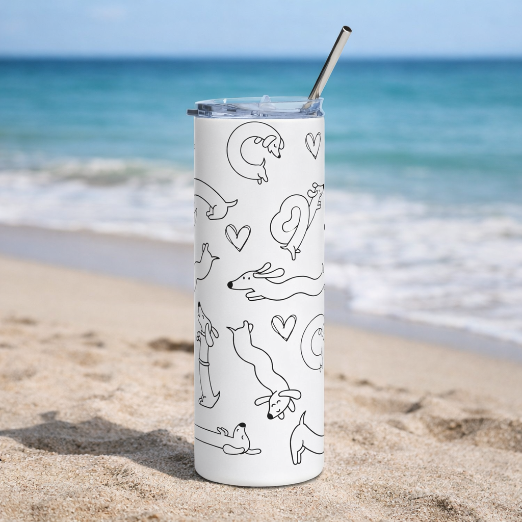 Drinkwate with white tumbler with hand-drawn dachshunds and hearts