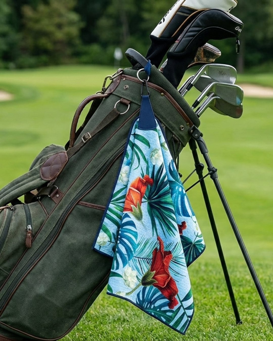 Golf bag with towl hanging on bag on a golf course