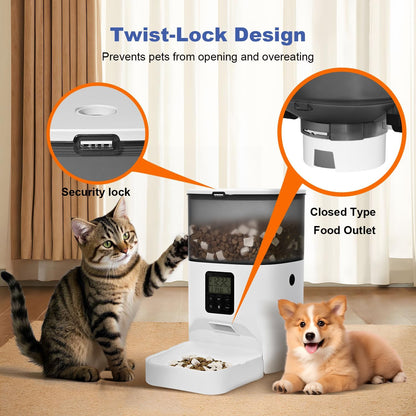Pet feeding station with a cat and dog, highlighting twist-lock design features.