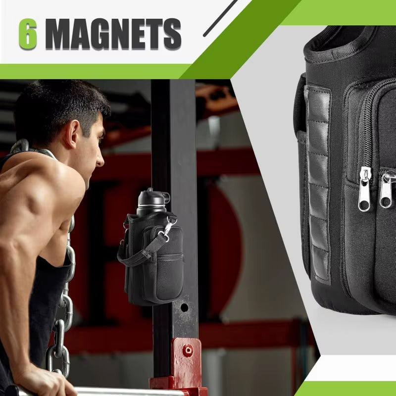 Magnetic Water Bottle Carrier with Phone Pocket & Shoulder Strap - 6 Built-In Magnets for Ultimate Convenience