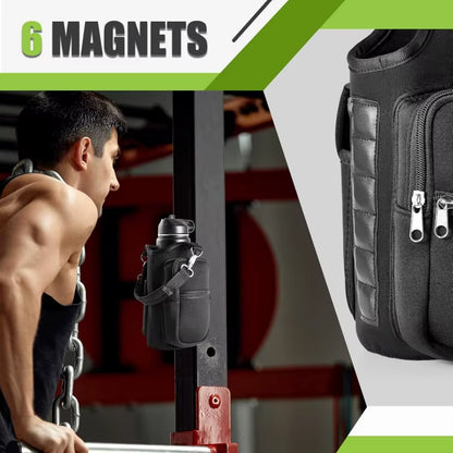Magnetic Water Bottle Carrier with Phone Pocket & Shoulder Strap - 6 Built-In Magnets for Ultimate Convenience
