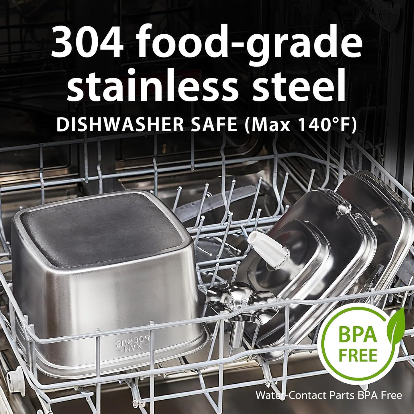 Stainless steel containers in a dishwasher with text about food-grade stainless steel and dishwasher safety.
