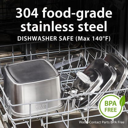 Stainless steel containers in a dishwasher with text about food-grade stainless steel and dishwasher safety.