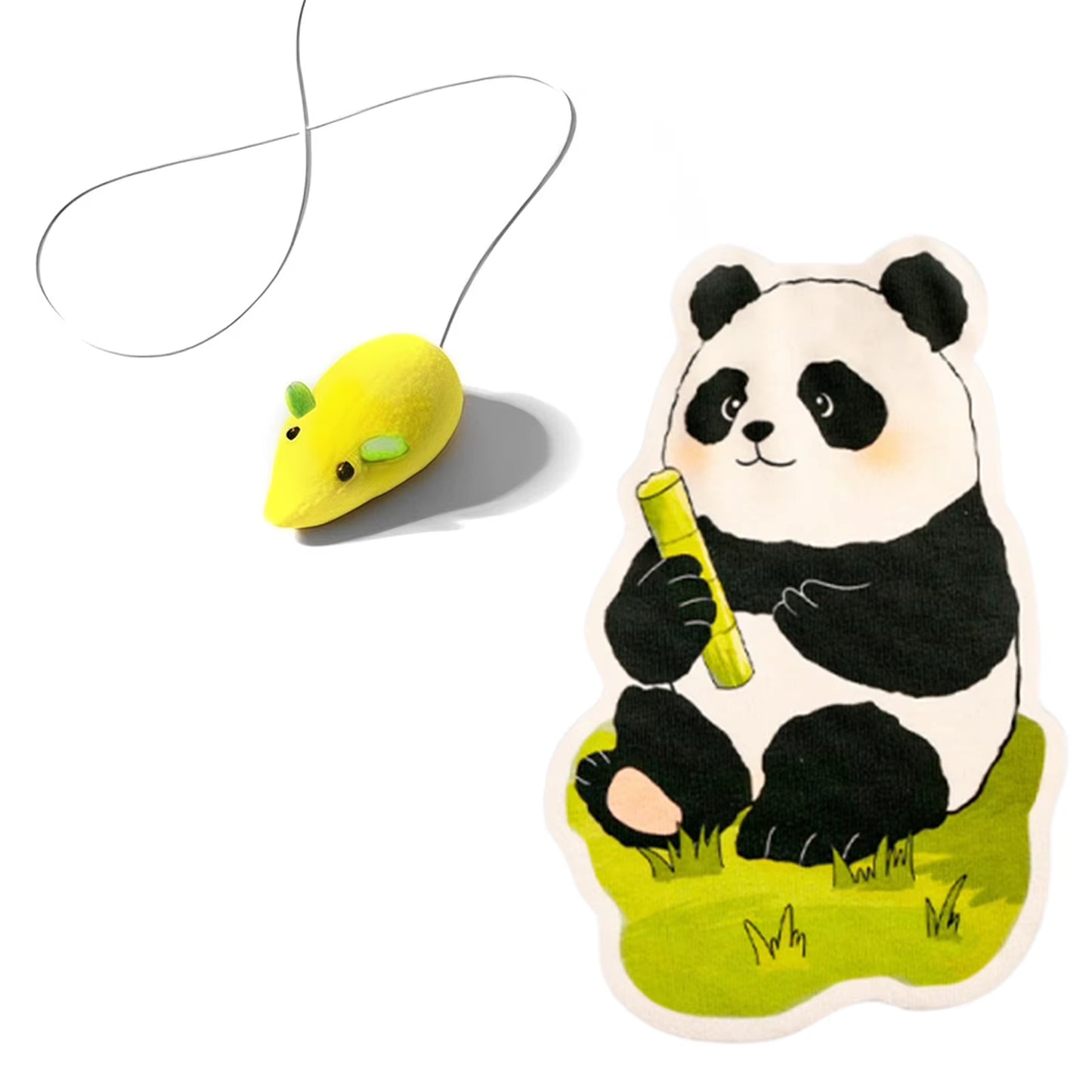 Wall mounted, self-adhesive cat scratcher with random hanging cat toy.