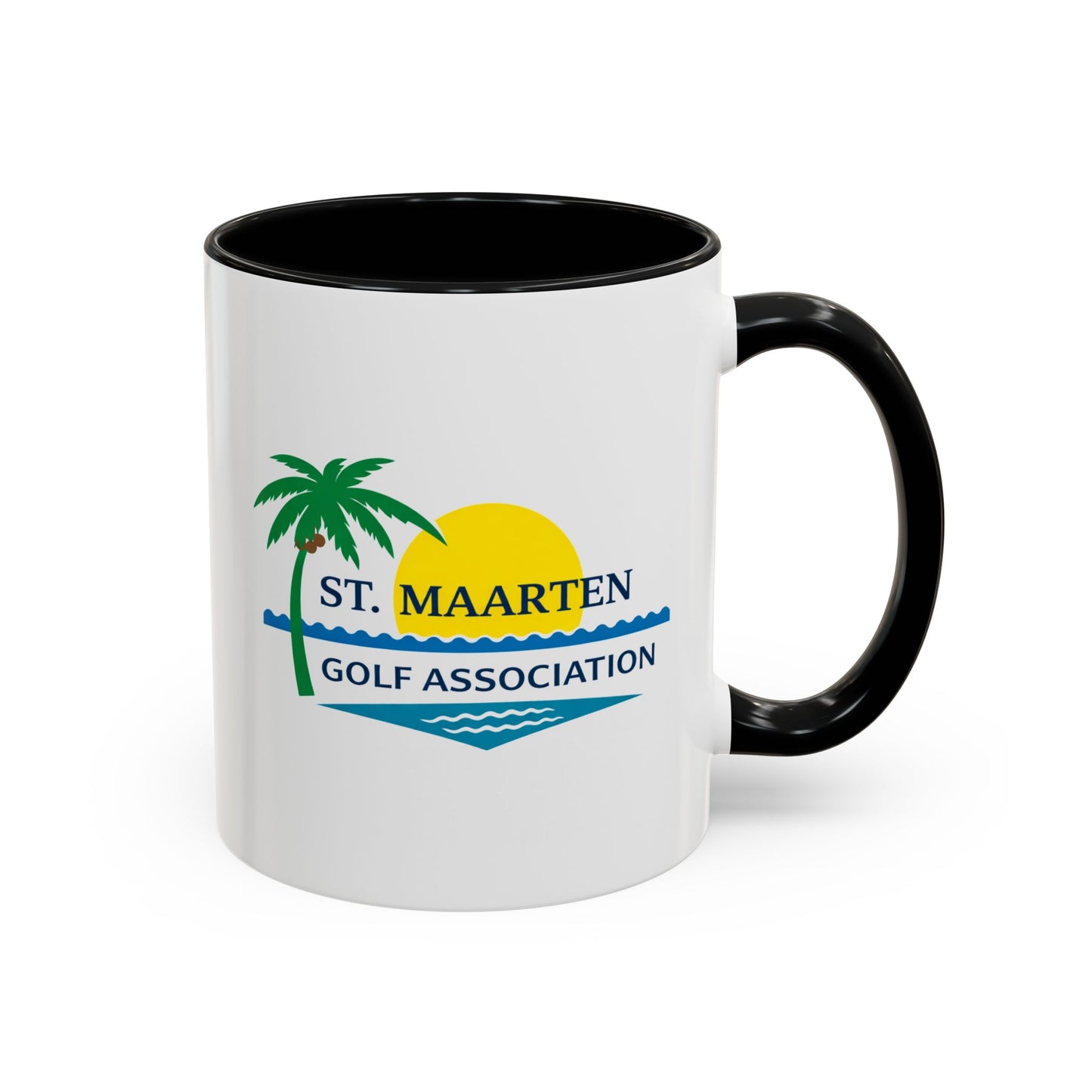 White mug with black handle featuring St. Maarten Golf Association logo on a white background