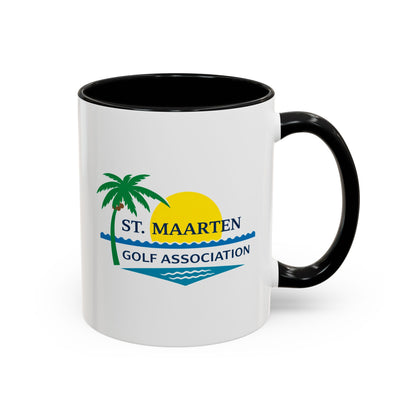 White mug with black handle featuring St. Maarten Golf Association logo on a white background