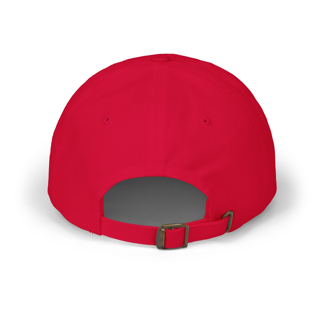 Back view of a red dad cap showing the adjustable strap on a white background