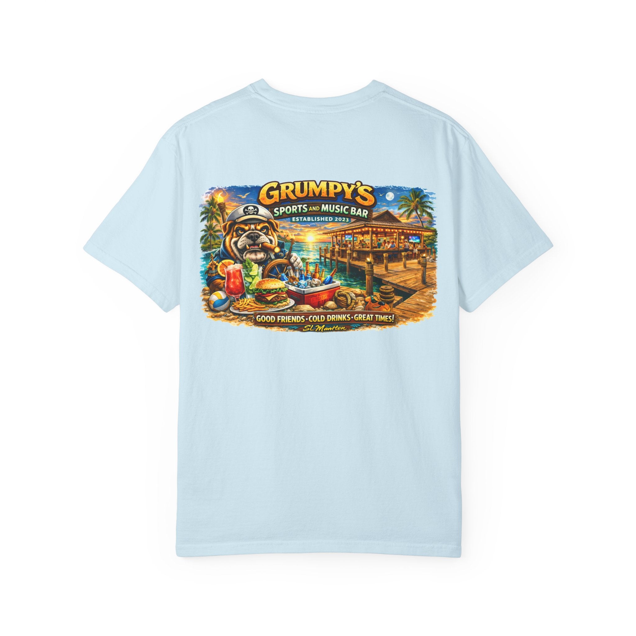 Light blue t-shirt with a colorful graphic of Grumpy's Sports and Music Bar on the back.