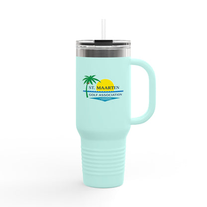 Light blue travel mug with a logo on a white background