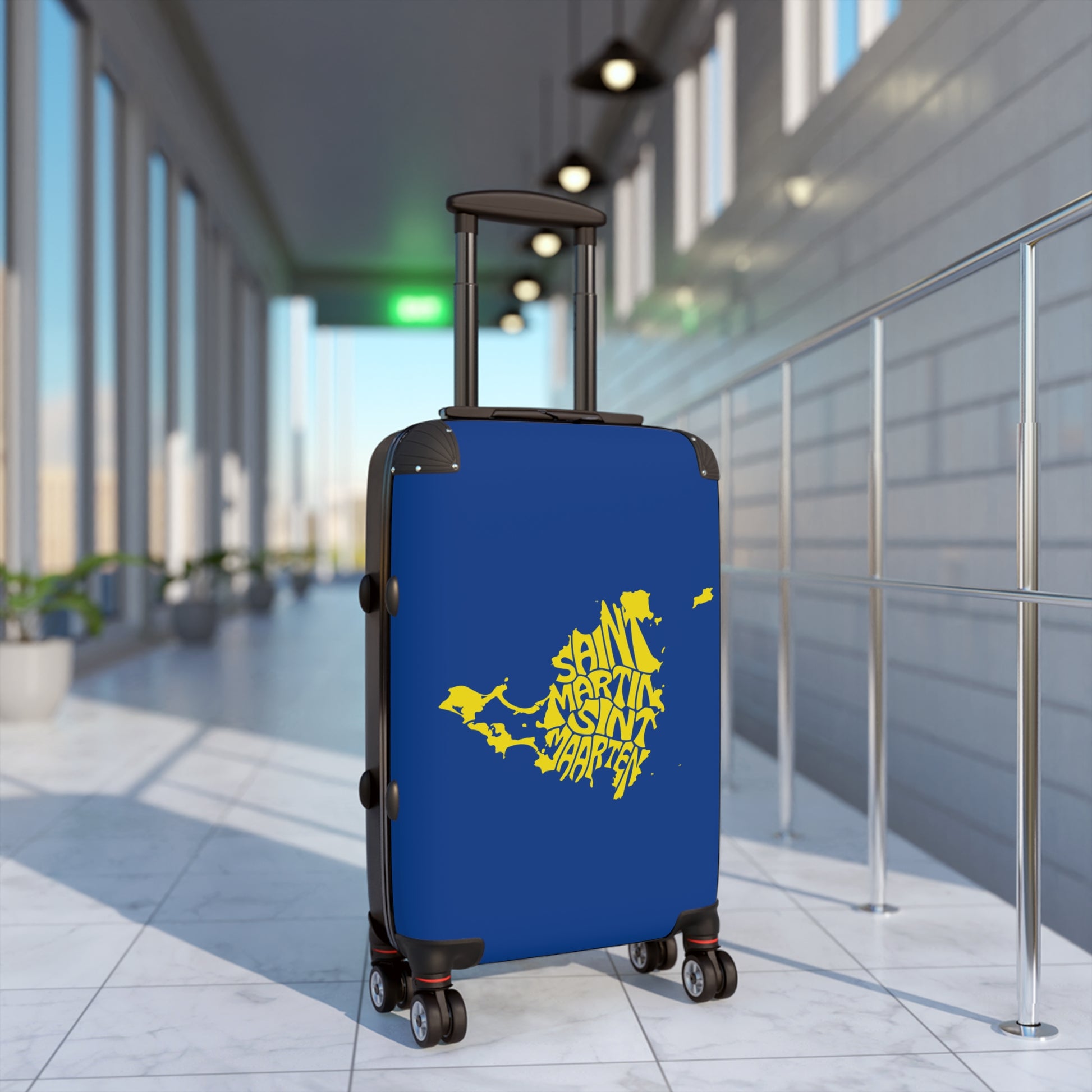 Blue suitcase with yellow text in an airport terminal
