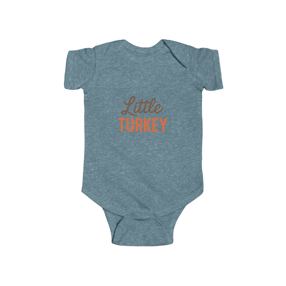 Blue baby onesie with 'Little Turkey' text on a white background