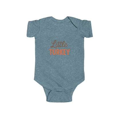 Blue baby onesie with 'Little Turkey' text on a white background