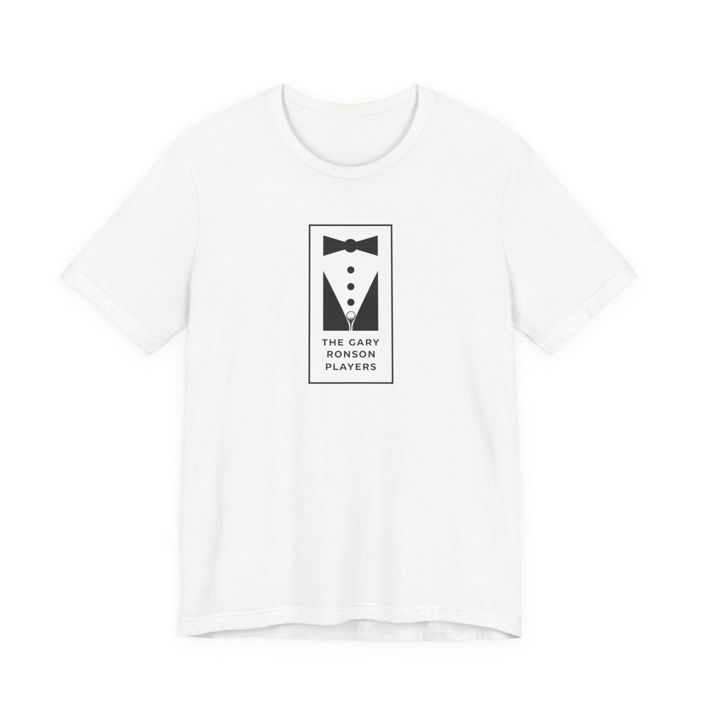 White t-shirt with a black-and-white tuxedo graphic and 'The Gary Ronson Players' text in a rectangle, on a white background